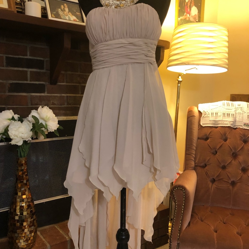 NWT.  Arden B Elegant formal Dress Beige with pearl/rhinestone accent neckline.